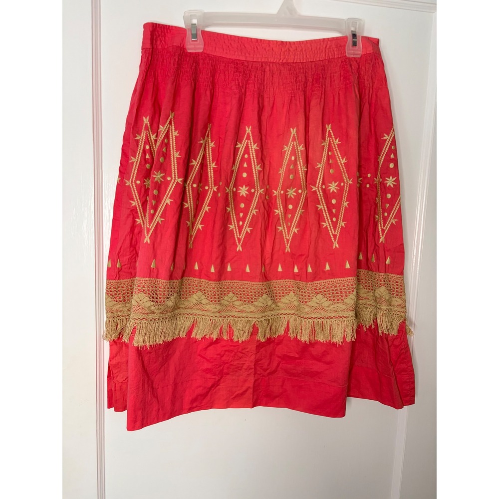 Marisa Christina coral‎ Embroidered Cotton Midi Skirt Fringe Boho Festival Sz 12